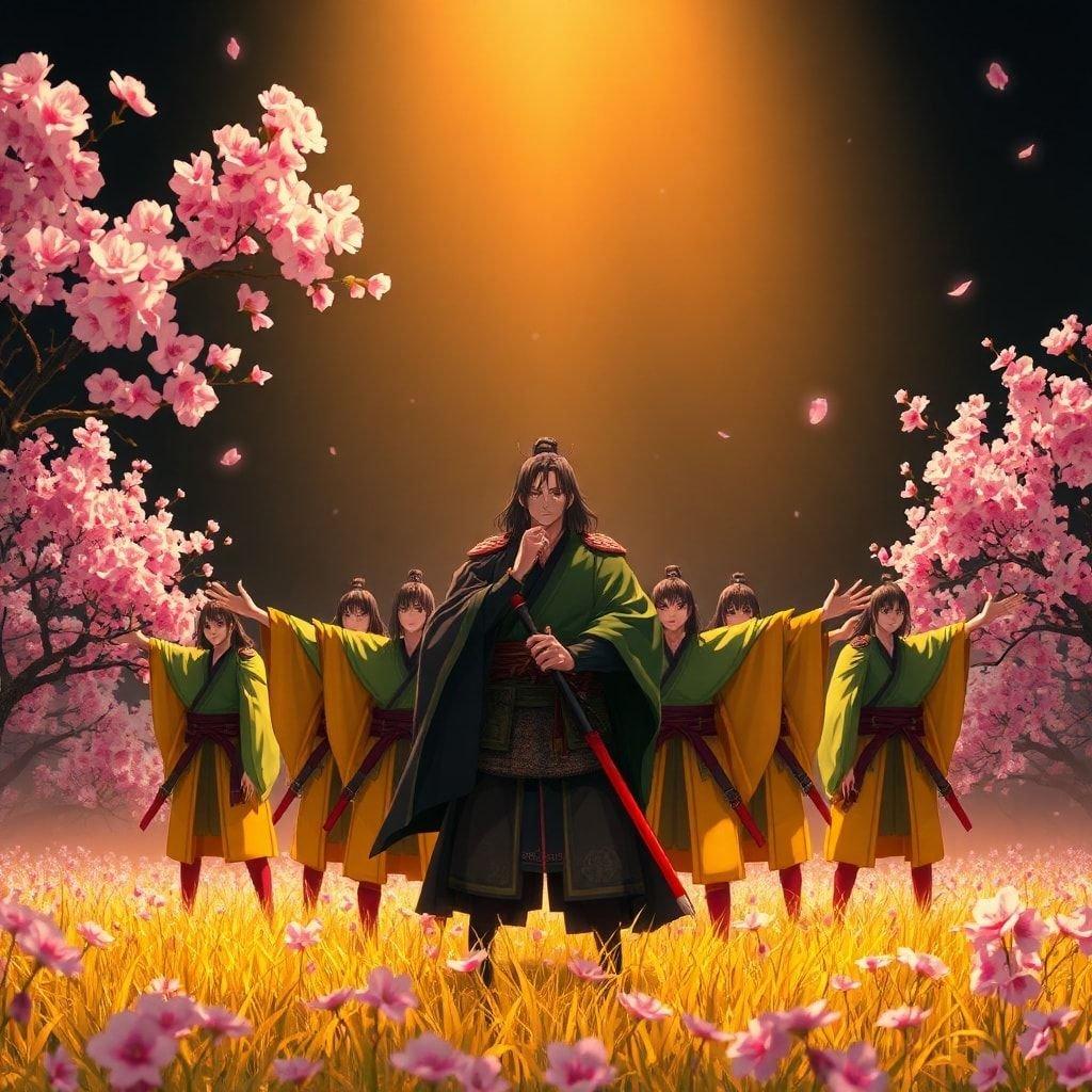 Entre em um mundo de valor e misticismo antigos com este cativante papel de parede de anime. Um grupo de guerreiros samurai, cada um com seu traje e postura únicos, está unido em um campo de flores de cerejeira. A figura central, vestida de preto, segura um bastão, enquanto os outros estão com os braços abertos, exalando um senso de unidade e propósito. A luz quente que banha a cena acrescenta à aura enigmática dos guerreiros, convidando você a explorar as profundezas de sua história.