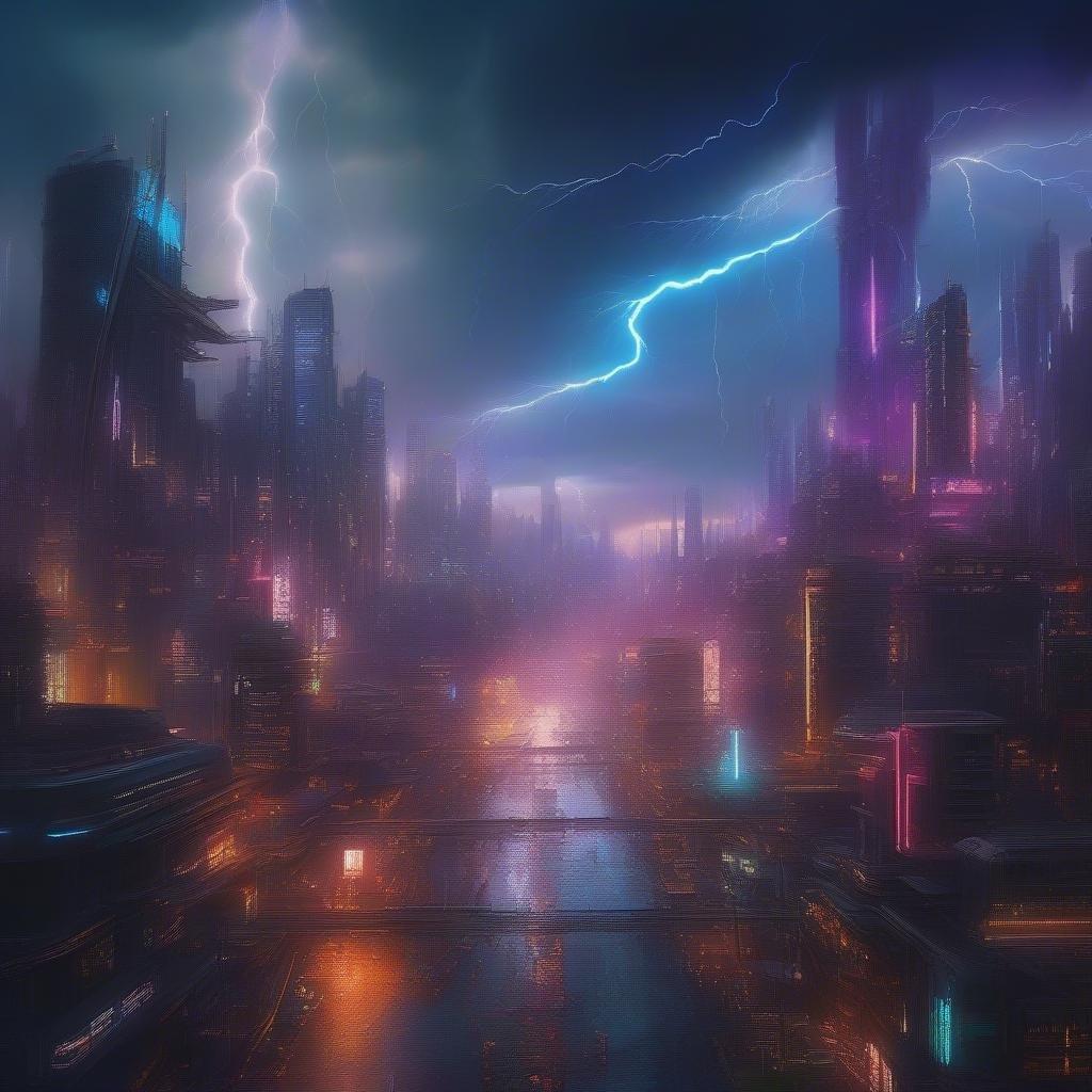 A futuristic city skyline at dusk, bathed in neon lights with a dramatic sky filled with bolts of lightning.