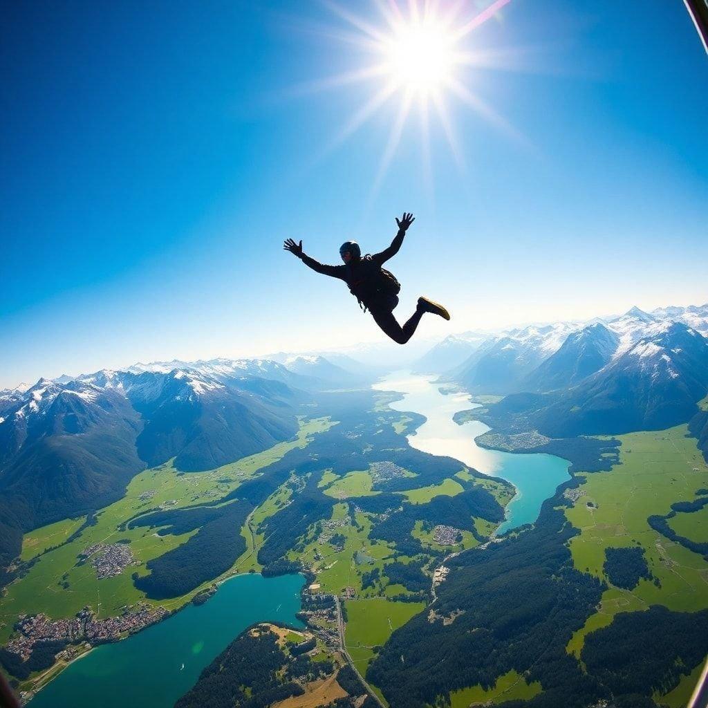 Feel the thrill of skydiving over picturesque Switzerland, with its breathtaking landscape of snow-capped mountains and deep blue lakes.