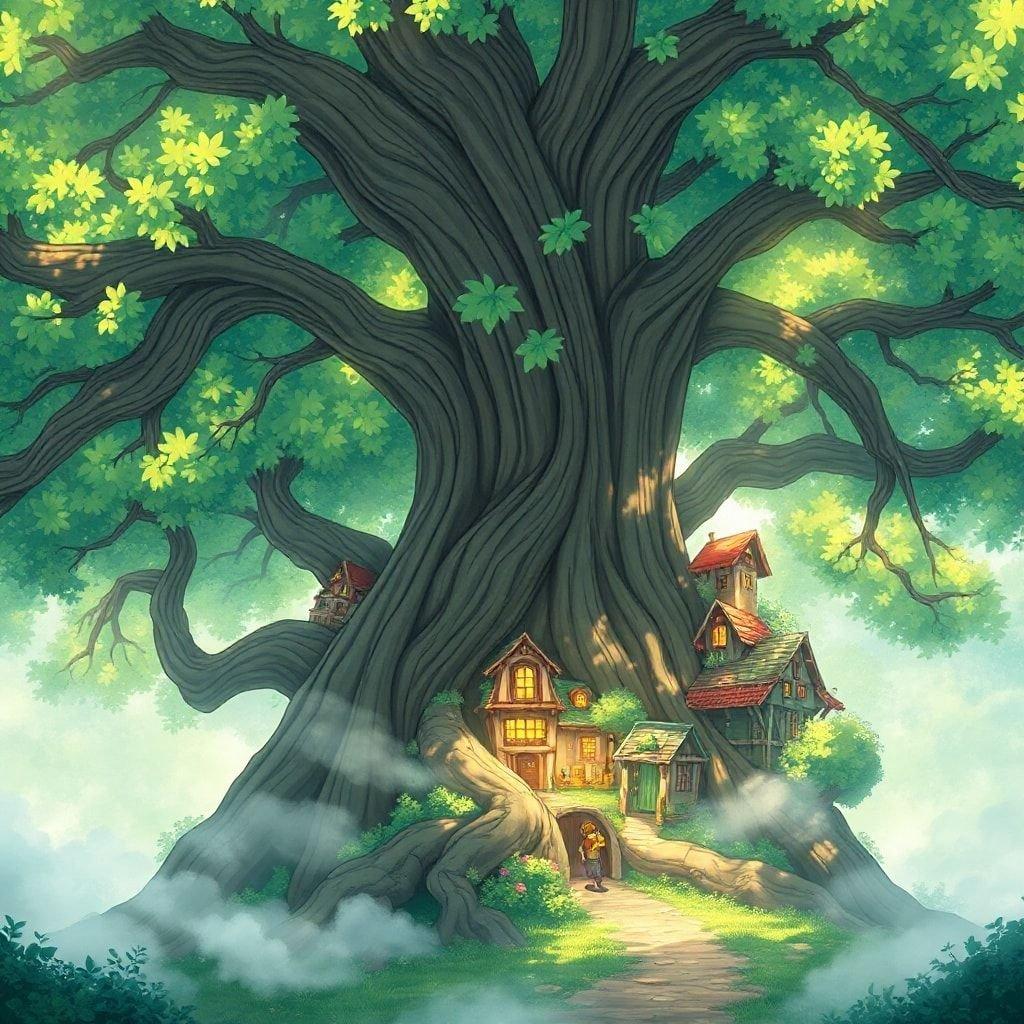 In un ambiente stravagante in cui natura e umanità si mescolano, questa illustrazione in stile anime presenta un albero gigante con un tronco espansivo, le cui foglie brillano di un vibrante tono verde. All'interno di questo maestoso albero, c'è un accogliente villaggio annidato tra i rami, completo di case, cottage e lanterne che aggiungono all'atmosfera incantevole. Il paesaggio circostante è lussureggiante e verdeggiante, creando un equilibrio armonioso tra il regno mistico all'interno dell'albero e il mondo naturale all'esterno.