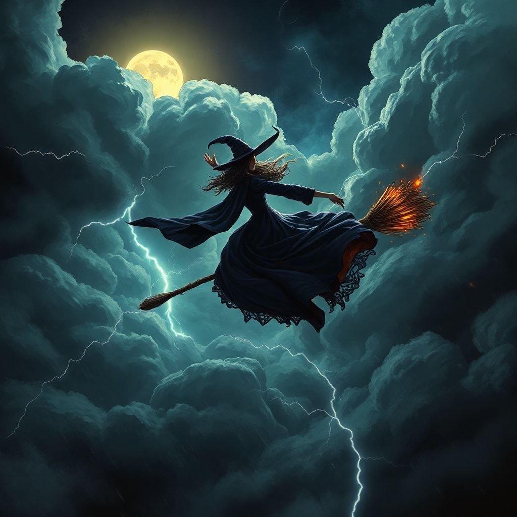 A witch flying on her broomstick under a full moon, surrounded by lightning and clouds, a perfect Halloween wallpaper.