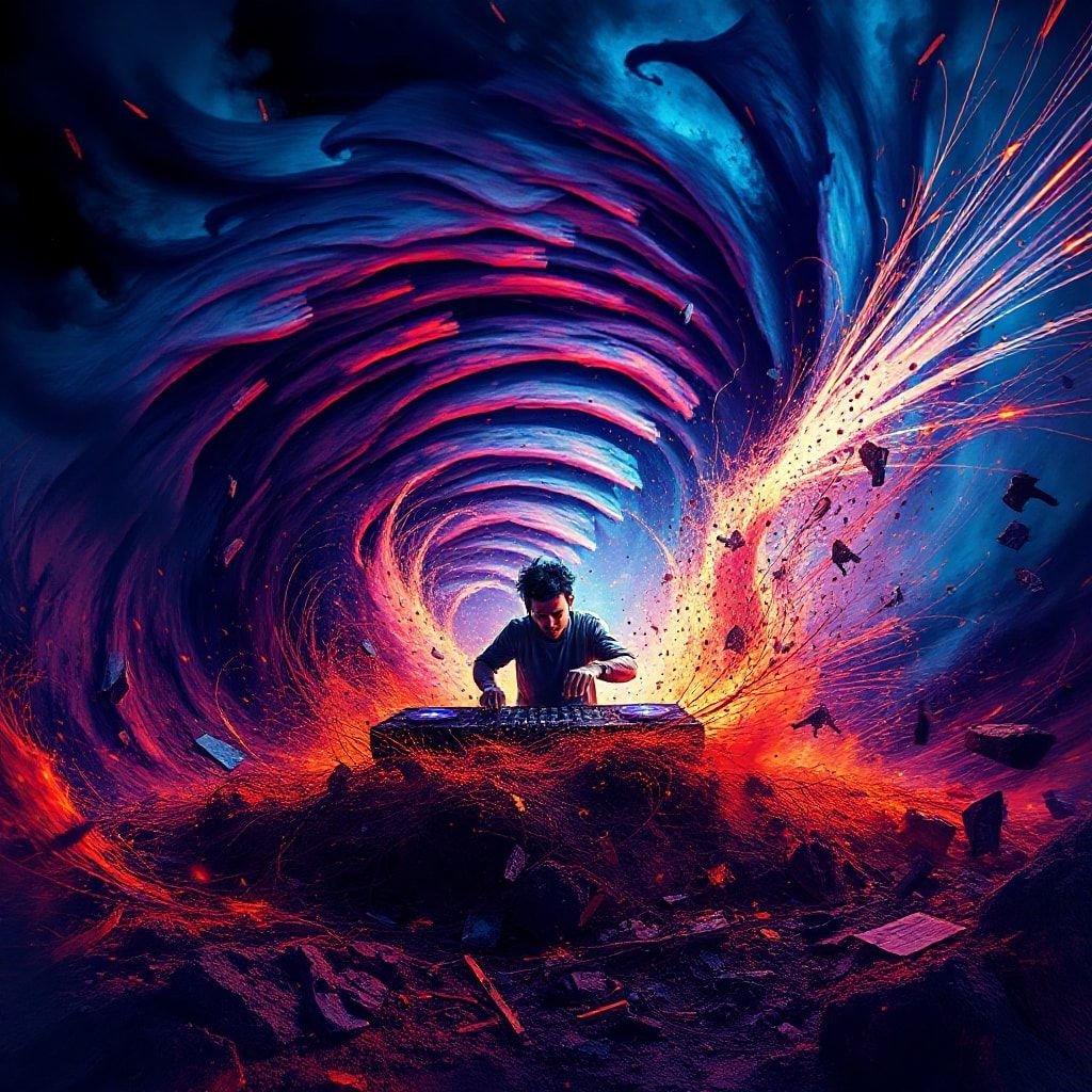 This image is a stunning representation of the power and beauty of music, with a musician at the center of a swirling storm of sound waves. The use of vibrant colors and dynamic shapes creates a sense of energy and movement, drawing the viewer's eye to the musician and emphasizing the importance of music in our lives.