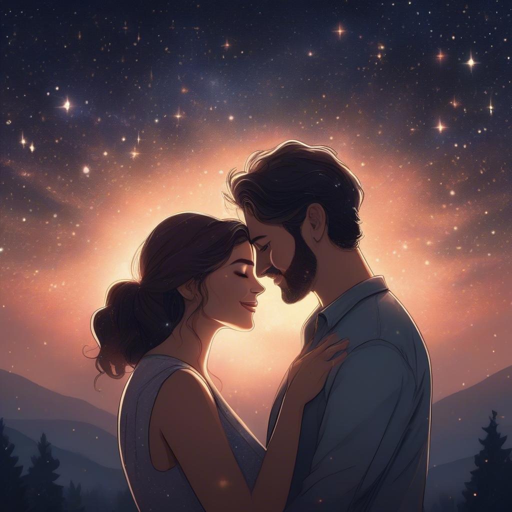 Celebrate the magic of love with this enchanting wallpaper of a couple embracing on Valentine's Day. The silhouette of trees and mountains under a starry sky makes for a perfect backdrop to this intimate moment.