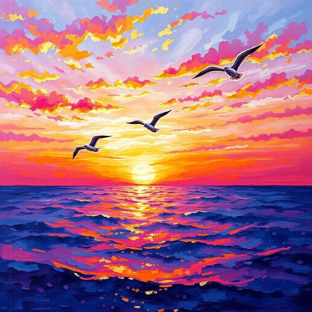 A beautiful painting capturing the vibrant colors of a sunset over an ocean horizon with flying birds, ideal for wallpaper on desktop and mobile devices.