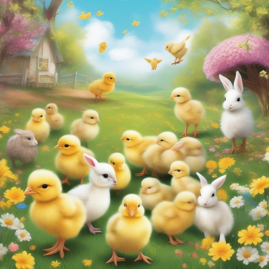 A cheerful scene from Easter with fluffy chicks enjoying the day, surrounded by a field full of flowers. The perfect desktop or mobile wallpaper to brighten any screen.