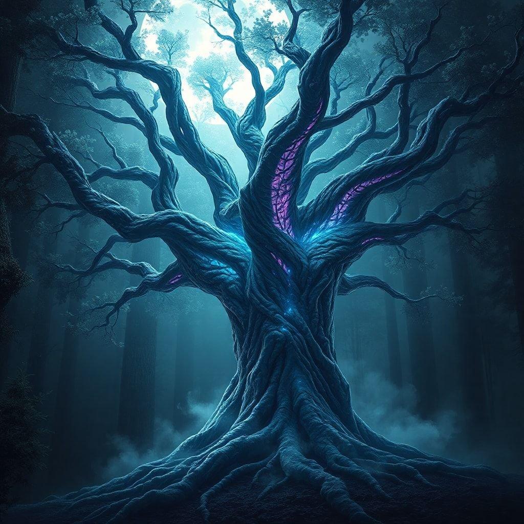 A fantastical tree with an otherworldly glow at its core, emanating purple and blue hues. The forest around it is darkened, with hints of fog or mist adding to the mystique.