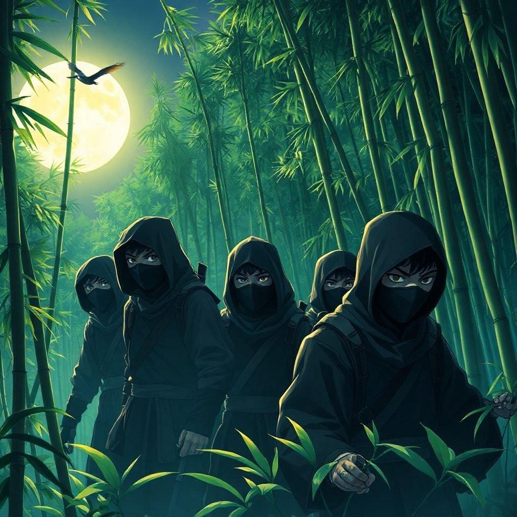 Denne fantastiske anime-illustration viser en gruppe unge ninjas, der sniger sig gennem en bambusskov under lyset fra en fuldmåne. Ninjasne er samlet, deres hoveder hælder til højre, og deres ansigtstræk er oplyst af det bløde skær fra måneskinnet. Baggrunden er en frodig grøn jungle med høje træer og et par flyvende fugle, hvilket skaber en anime-lignende effekt.