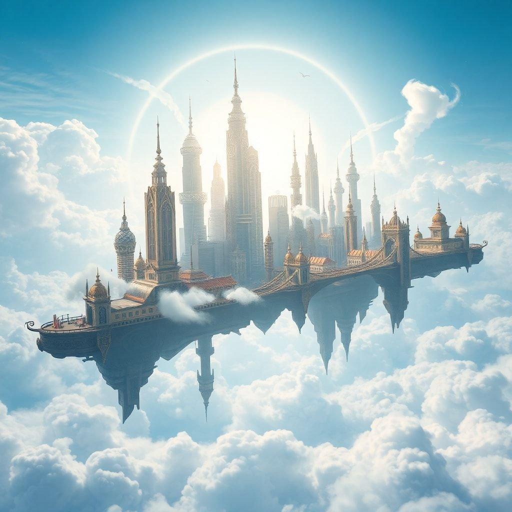 This image is a breathtaking depiction of a city floating in the clouds, with towering skyscrapers and intricate architecture that seems to defy gravity. The city is surrounded by fluffy white clouds, creating a sense of wonder and magic.