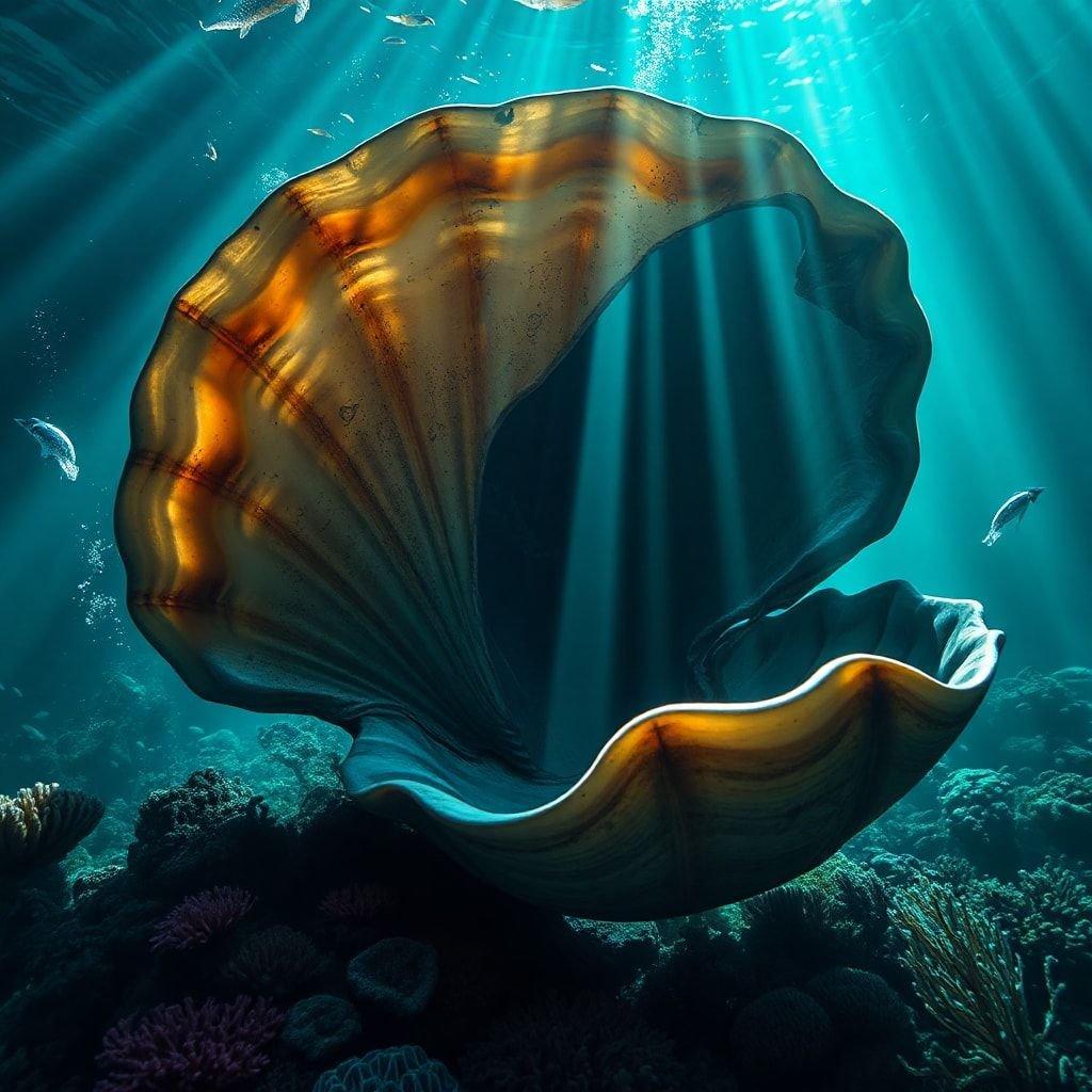 Discover the beauty of marine life with this captivating underwater image. The sunbeams filter through the water, illuminating a vibrant seashell in hues of orange and pink. Beyond the shell, a coral reef thrives with various aquatic species. This breathtaking view is perfect for desktop backgrounds on all devices.