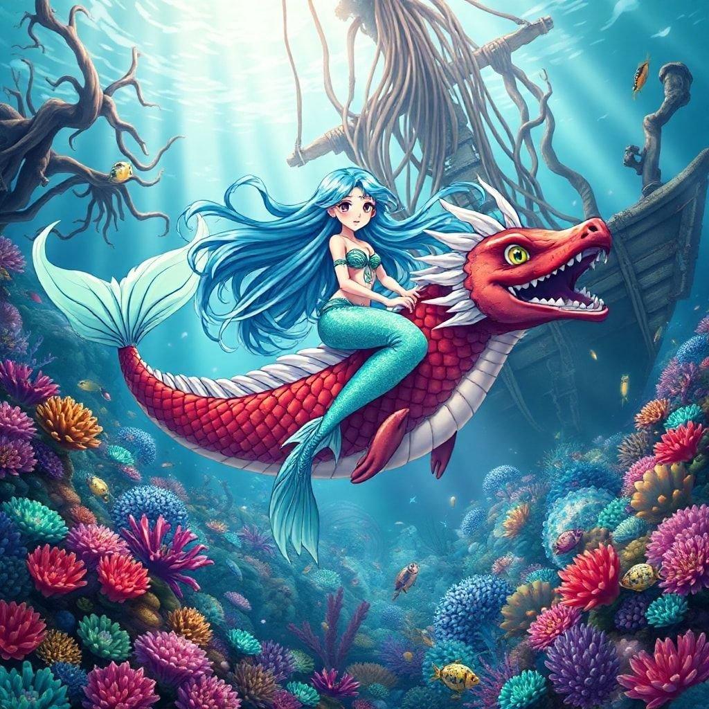 Immerse yourself in the captivating world of anime with this stunning wallpaper featuring a mermaid riding a dragonfish, set against the backdrop of a shipwreck and vibrant coral reefs.