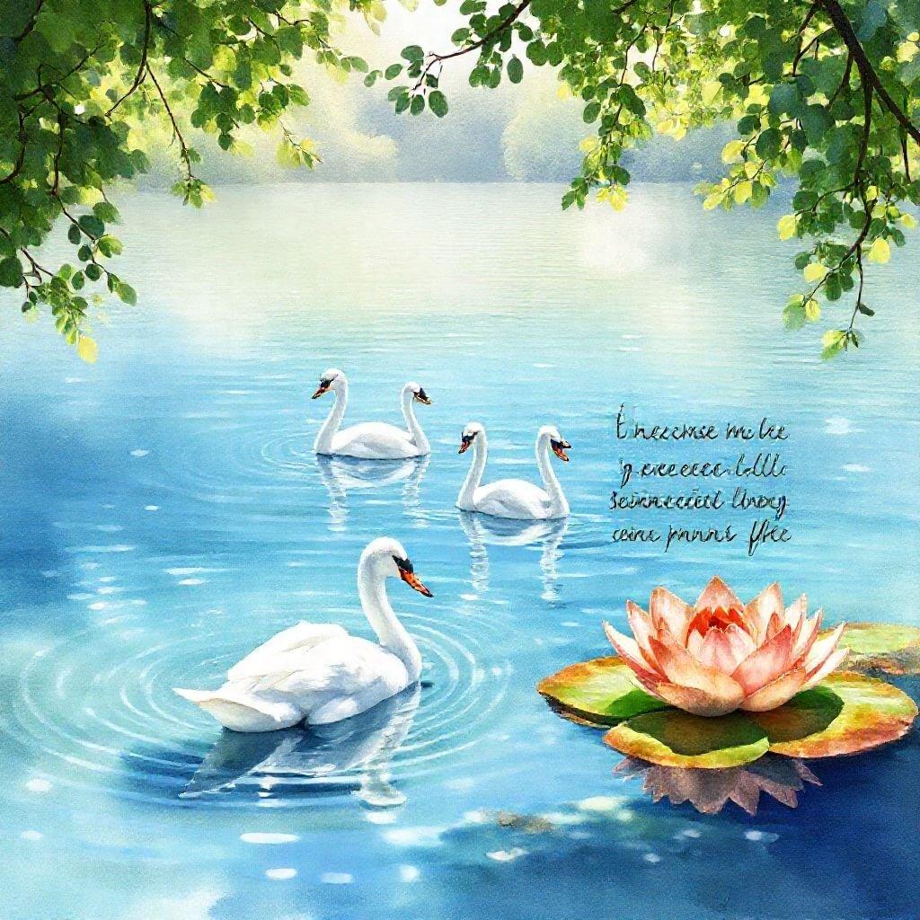 A serene lake scene with swans floating leisurely near the shore. The tranquil setting is a perfect match for reflective thinking.