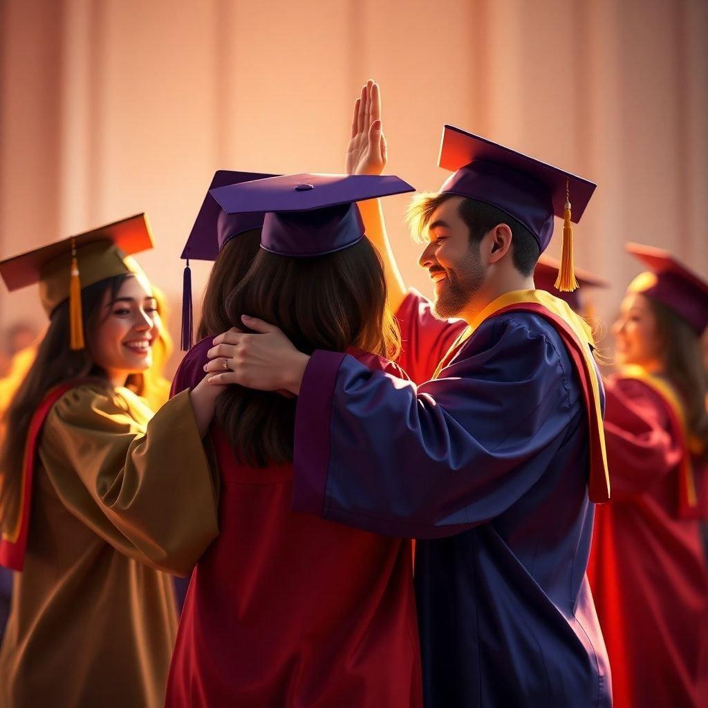 A joyous moment among friends celebrating their graduation together.