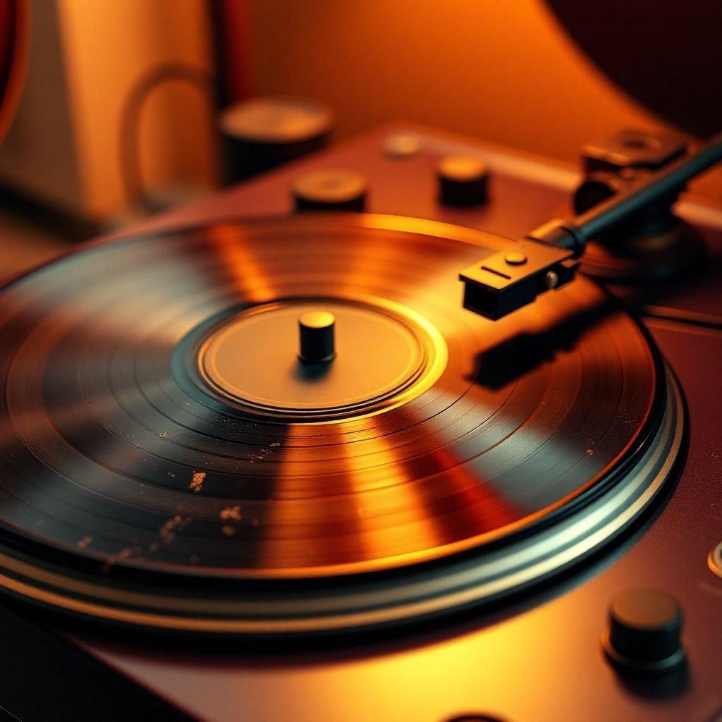 This image is a wallpaper that captures the essence of music, featuring a vinyl record player as its central element. The warm glow of the record player's lights and the subtle shadows cast by the records create a cozy and inviting atmosphere, perfect for music lovers.