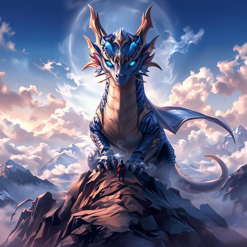 This stunning wallpaper features a majestic dragon king standing tall on a mountain peak, exuding a sense of power and tranquility. The vibrant blue eyes of the dragon capture the viewer's gaze, while the misty mountains in the background add depth and scale. The illustration is reminiscent of a storybook, inviting the viewer to step into a world of fantasy and adventure.