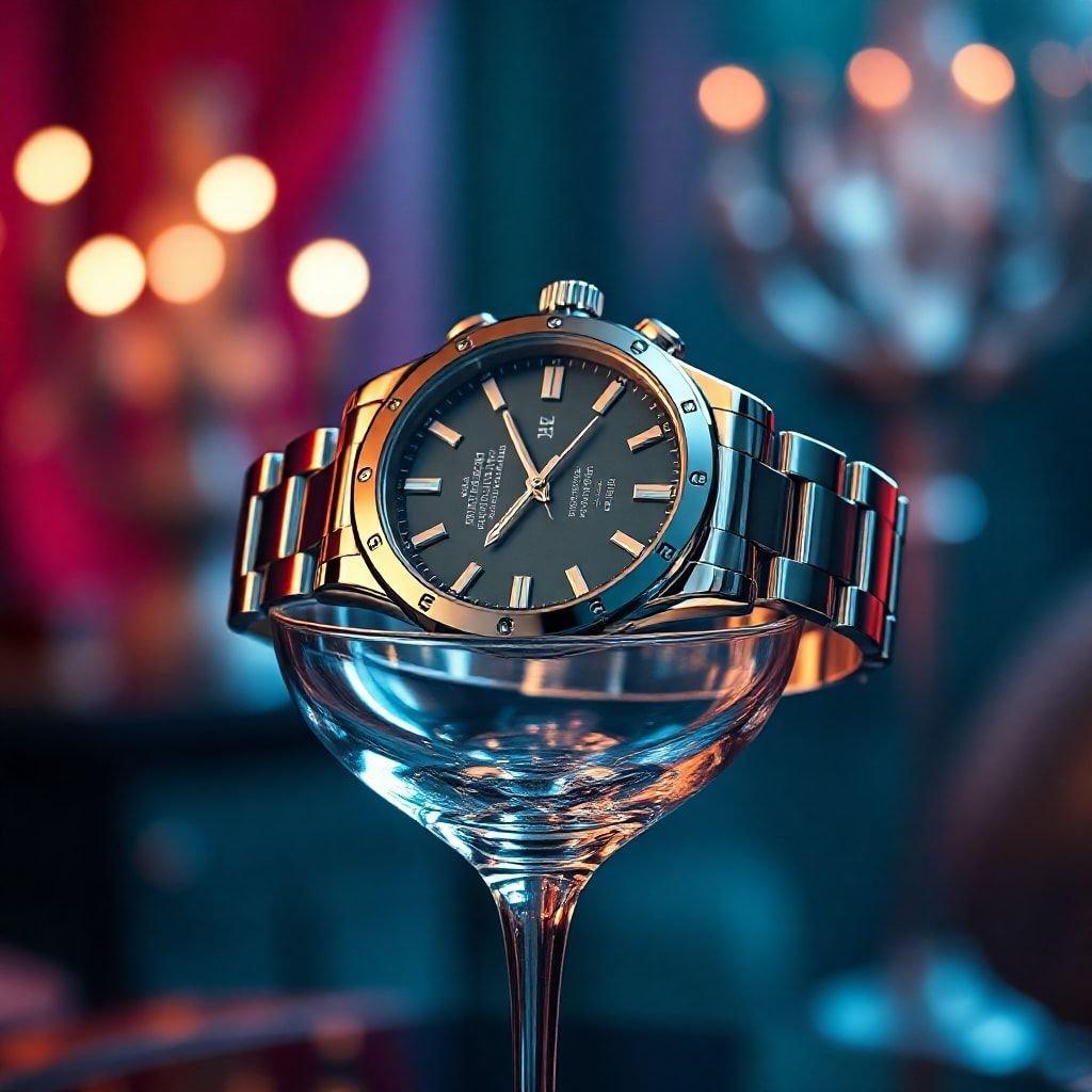 This image showcases a luxurious watch placed on a glass, exuding elegance and sophistication. The watch's sleek design and the glass's reflective surface create a visually appealing contrast, making it a perfect fit for a luxury and elegance category.