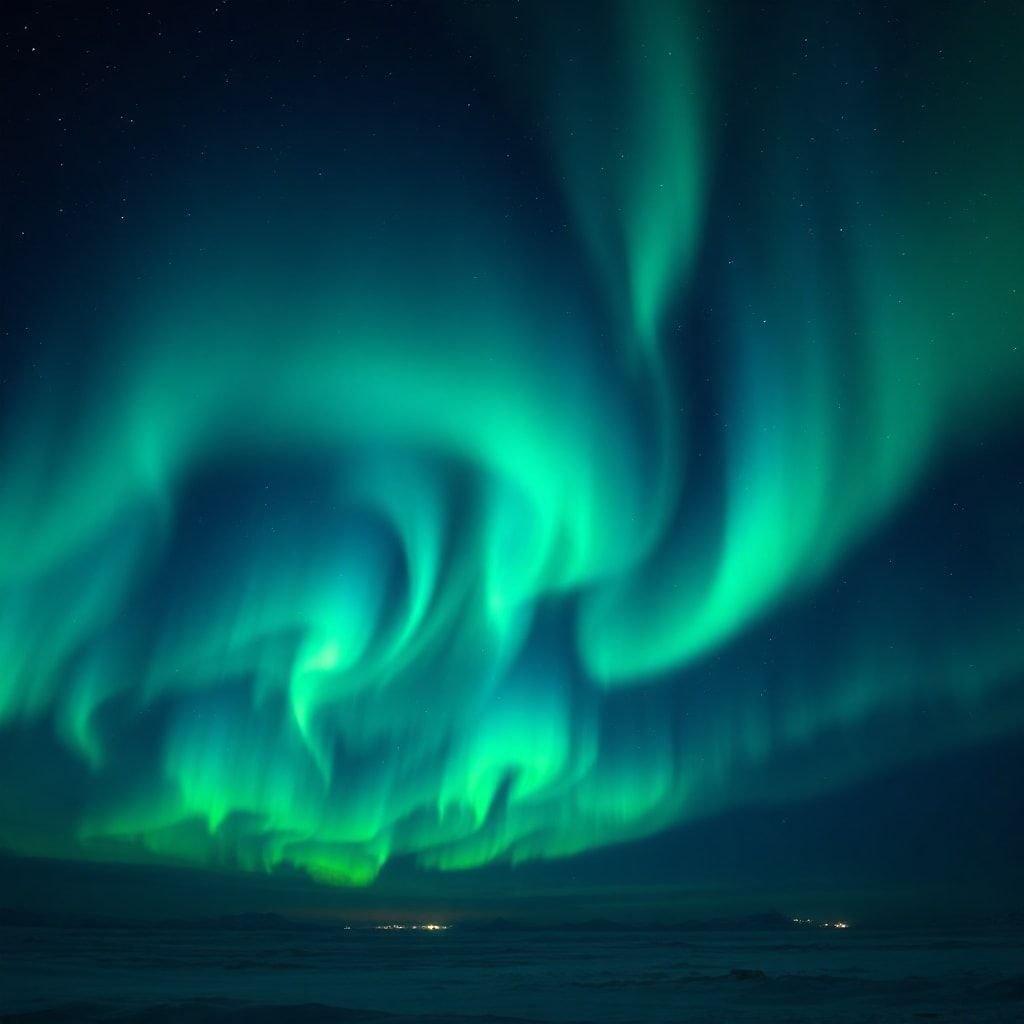 Soyez témoin de la beauté envoûtante de l'aurore boréale, un phénomène naturel spectaculaire qui danse dans le ciel nocturne avec des teintes vertes et bleues vibrantes.