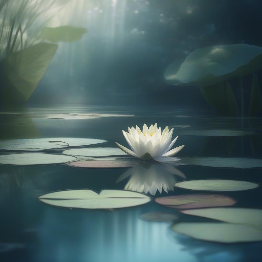 This serene wallpaper features a stunning white water lily floating on the water's surface, creating a peaceful and calming atmosphere.