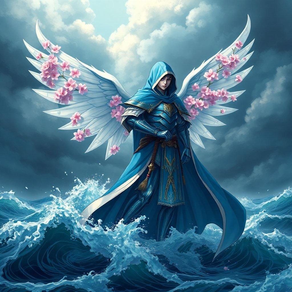 This wallpaper features a majestic warrior with wings made from cherry blossoms standing on a stormy sea, exuding beauty and awe in a detailed anime illustration.