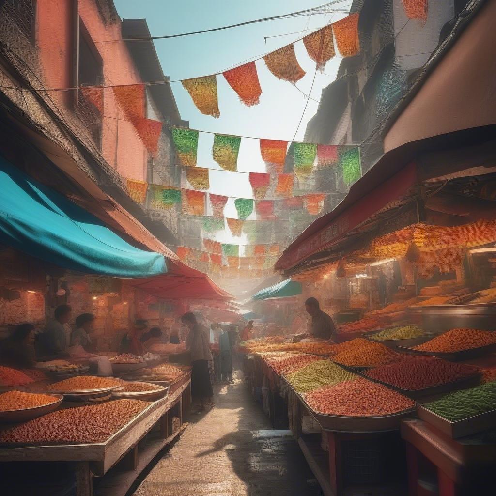 Vibrant local market scene with a variety of spices on display, filled with activity from shoppers.