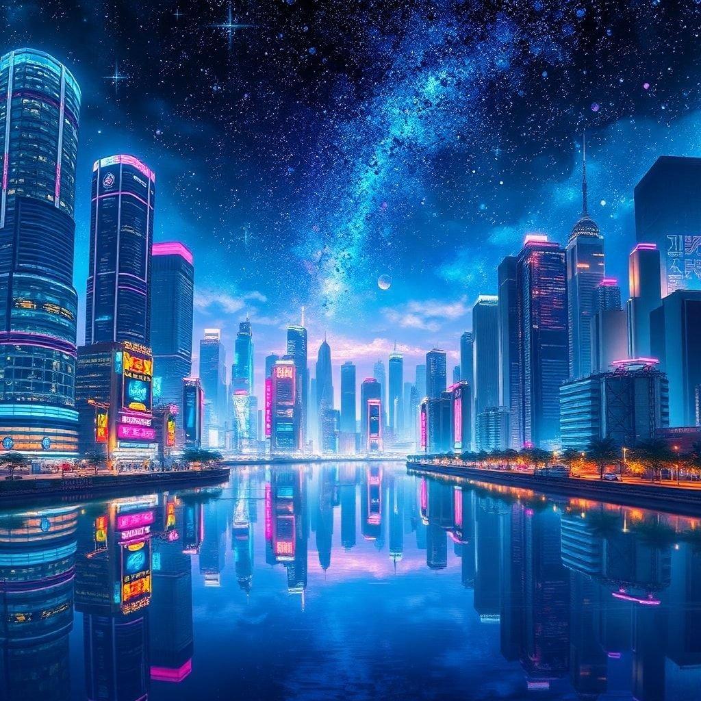 Immerse yourself in the futuristic world of anime with this breathtaking cityscape wallpaper. The towering skyscrapers reflect in the calm lake, creating a sense of depth and tranquility. The vibrant, colorful skyline is illuminated by neon lights, while the distant background showcases a stunning galaxy of stars and planets.