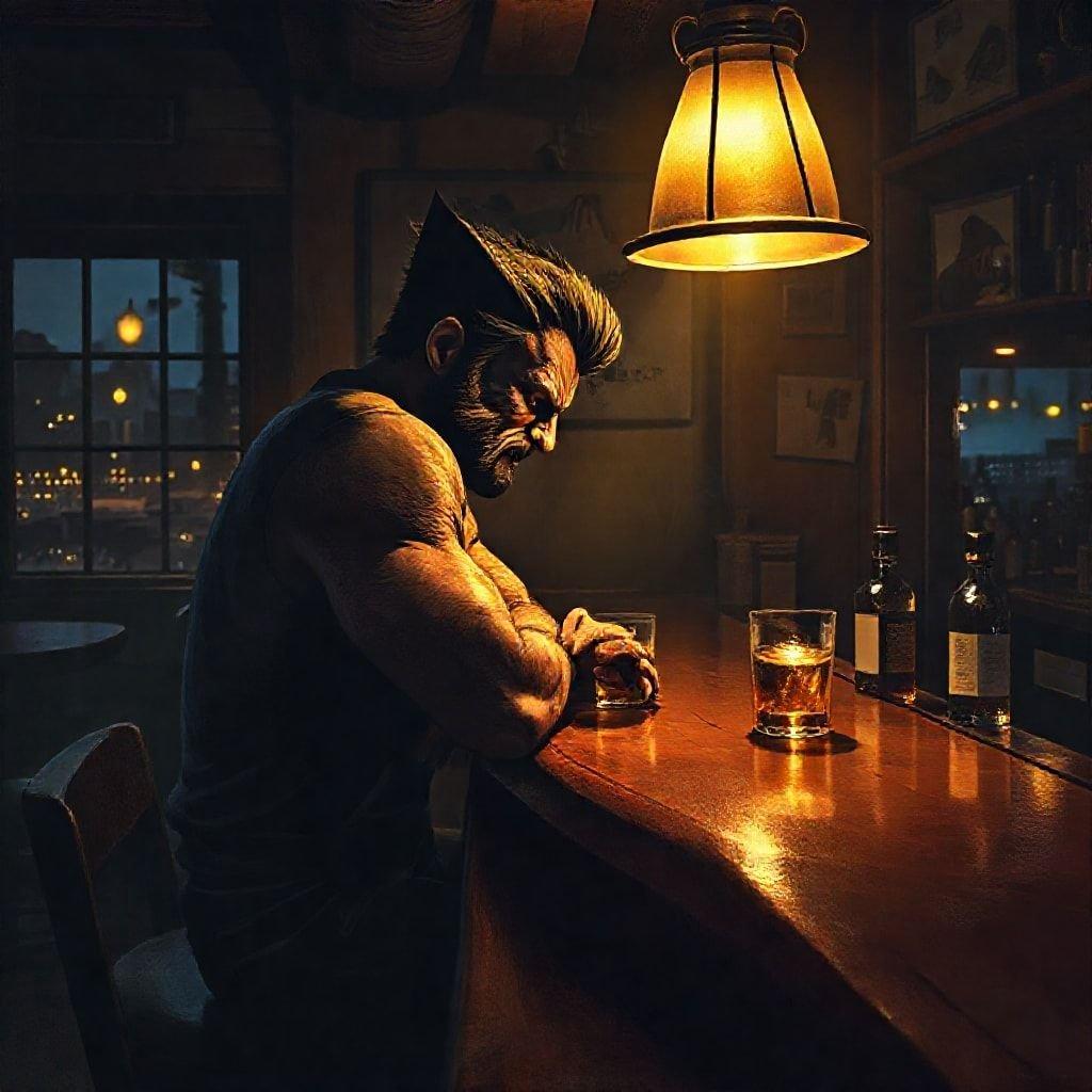 The muscular mutant sits alone, contemplating the evening ahead with a glass of whiskey on a dimly lit bar.