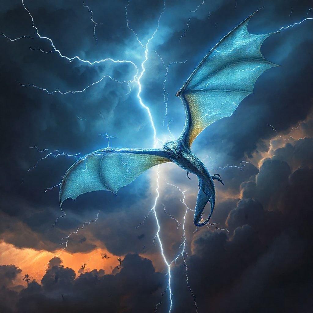 A majestic dragon soars through a stormy sky, its wings spread wide as lightning illuminates the dark clouds.