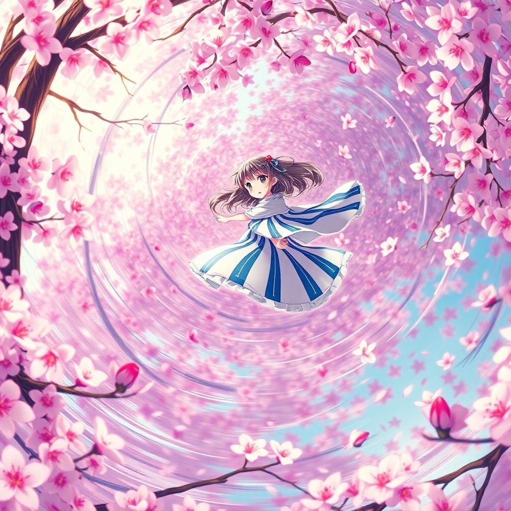 A beautiful anime illustration of a small maiden floating in a whirlwind of cherry blossoms, surrounded by a kaleidoscope of pink and white flowers.