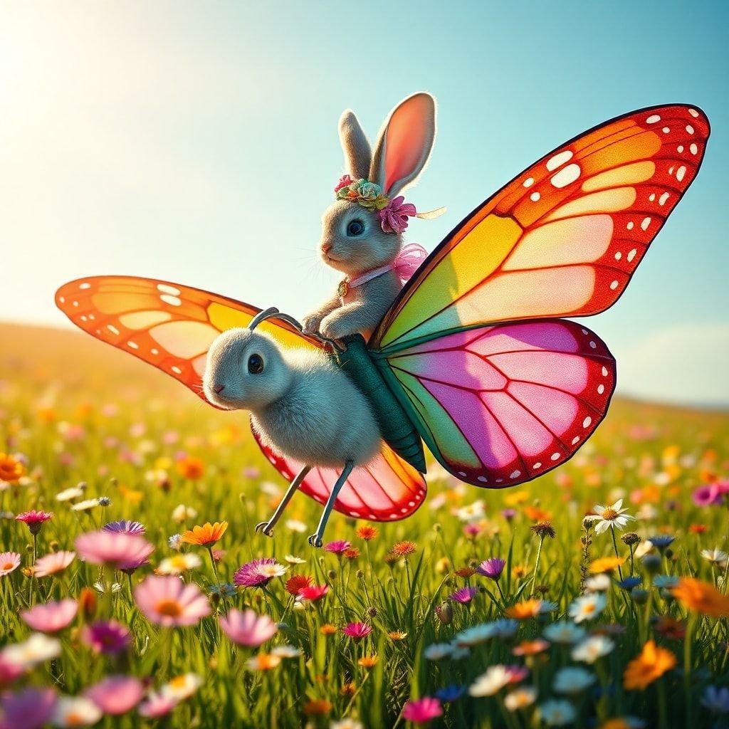 Cute bunny rabbit riding on the back of another bunny fairy. Fantastical and magical, this Easter wallpaper is perfect for desktop and mobile celebrations.