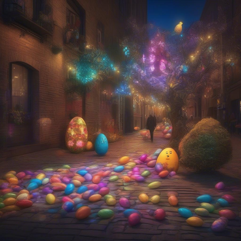 Hop into the spirit of Easter with this vibrant and colorful wallpaper, featuring a whimsical scene of Easter eggs scattered across a city street.