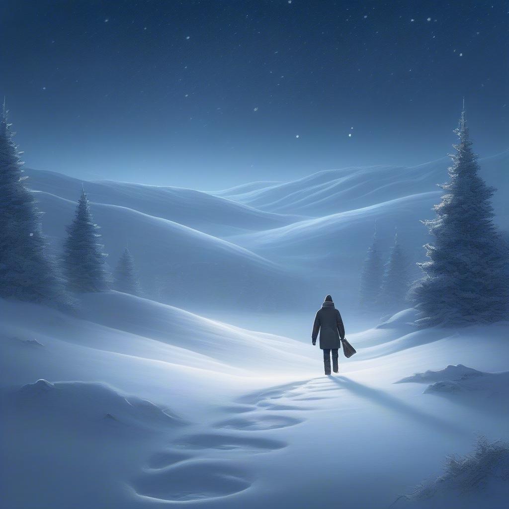 A person walks alone at night on a serene snow-covered path, with the mountains in the distance and a starry sky above.