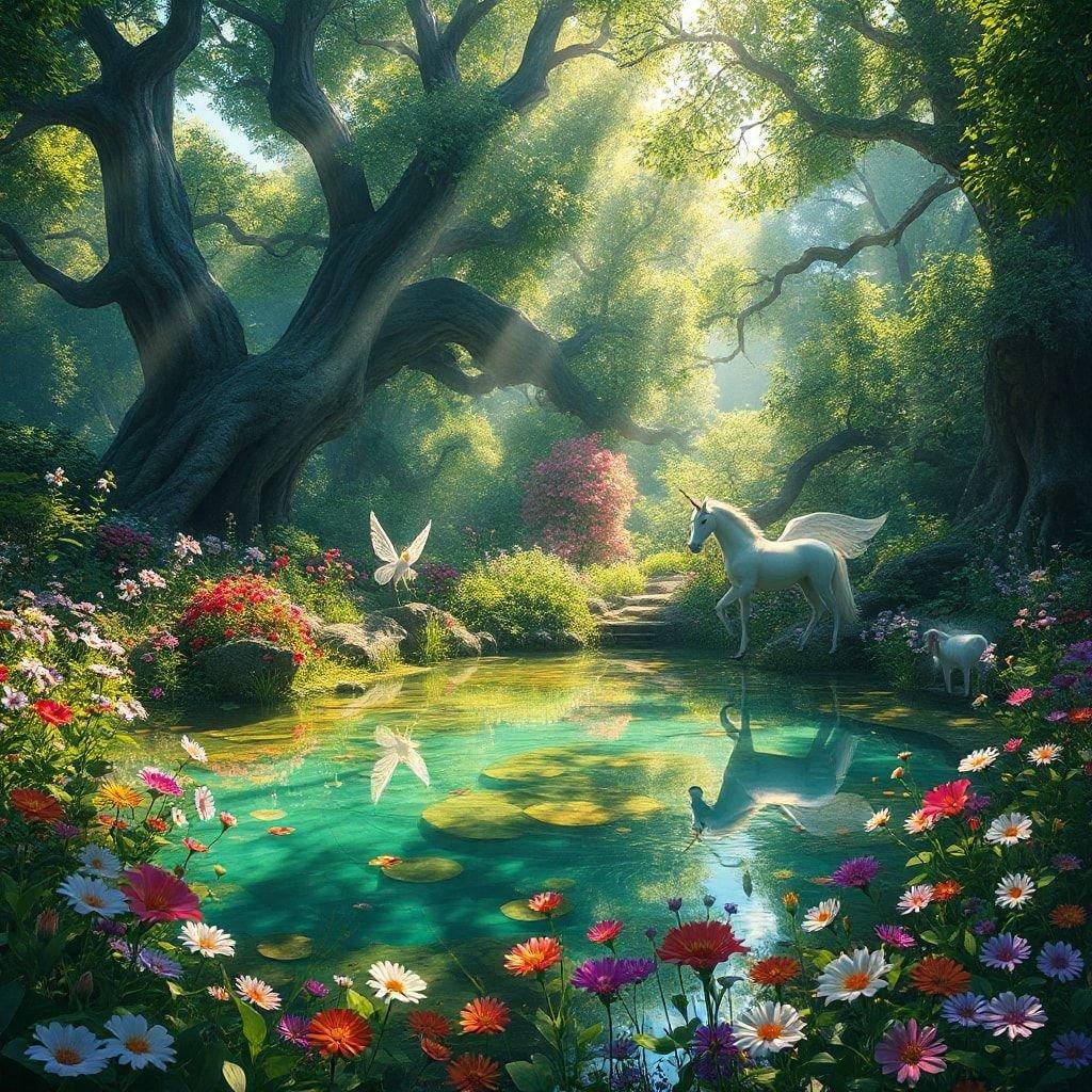 A serene and enchanting fantasy forest scene featuring a unicorn and a butterfly.