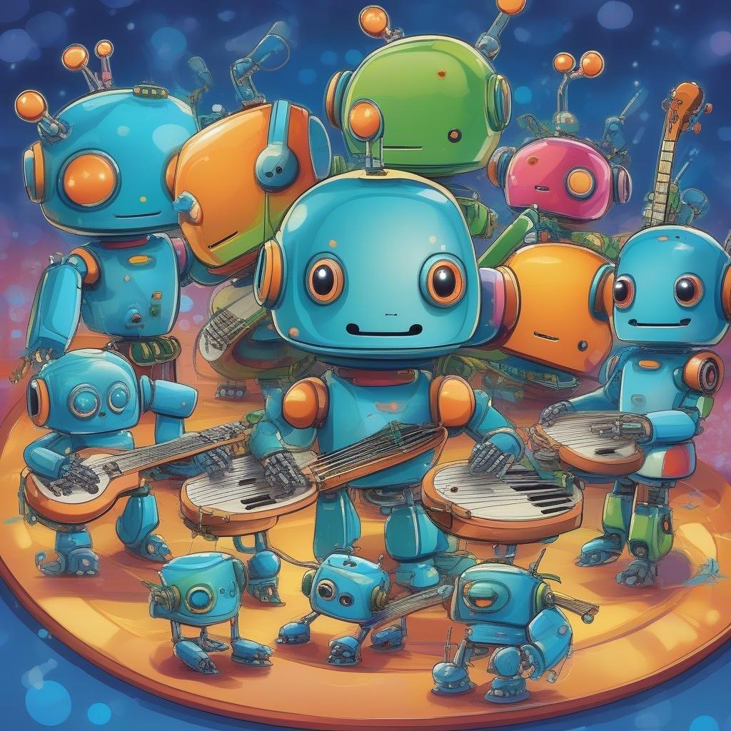 In dieser skurrilen digitalen Illustration spielt eine lebhafte Band bunter Roboter Musikinstrumente. Jeder Roboter ist einzigartig mit seinem eigenen Kopfdesign und seiner Persönlichkeit und zeigt die Freude und Vielfalt, die Musik bringen kann. Die Bühne im Hintergrund ergänzt die energetische Darbietung mit lebhaften Blau- und Grüntönen. Es ist eine lustige, futuristische Interpretation eines klassischen Rockkonzerts.