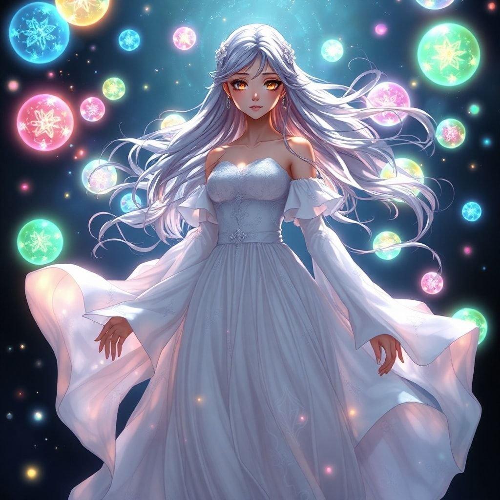 Immerse yourself in the enchanting world of anime with this captivating wallpaper featuring an ethereal queen surrounded by a mesmerizing array of glowing orbs.