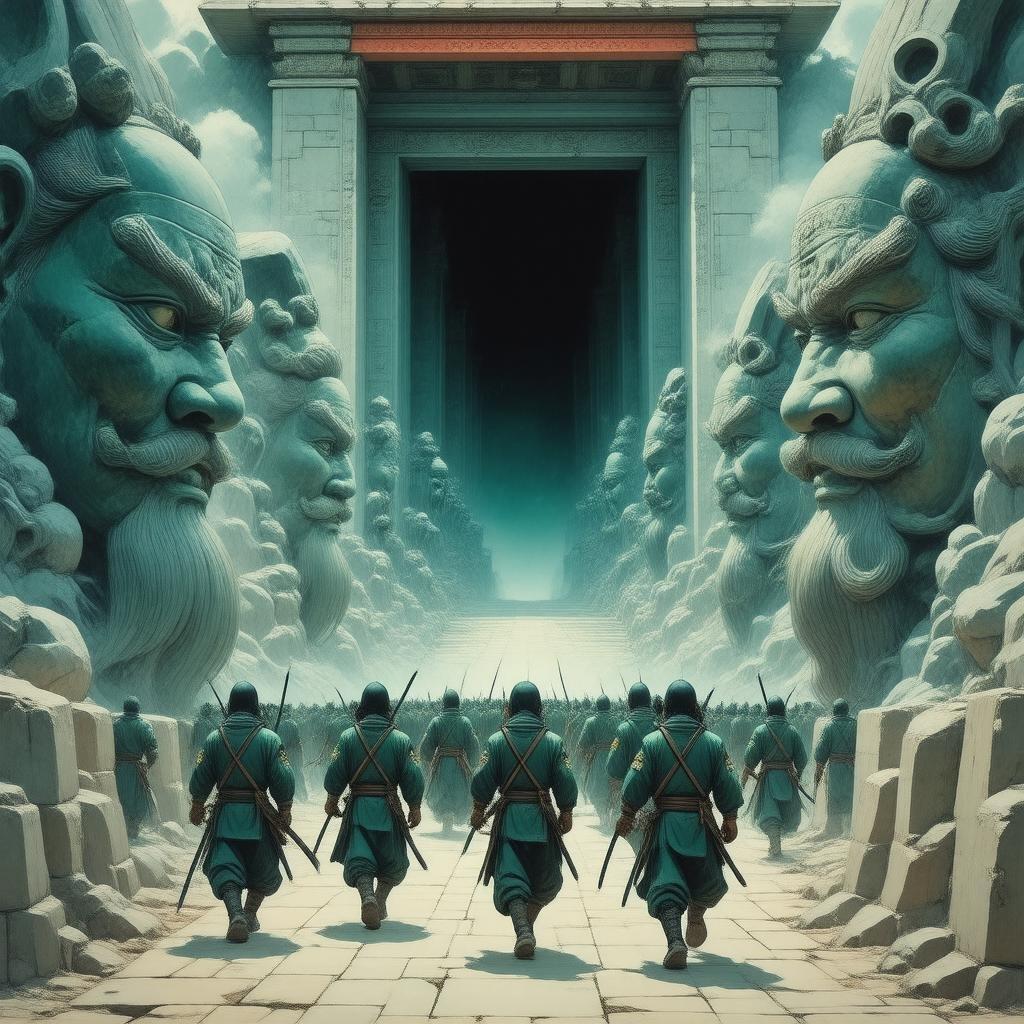 In this thrilling anime wallpaper, a group of ninjas are stealthily passing through the entrance of a mysterious temple guarded by towering stone statues. The scene is rich in vibrant green and blue tones, with the statues' striking attire adding a dramatic flair to the setting.