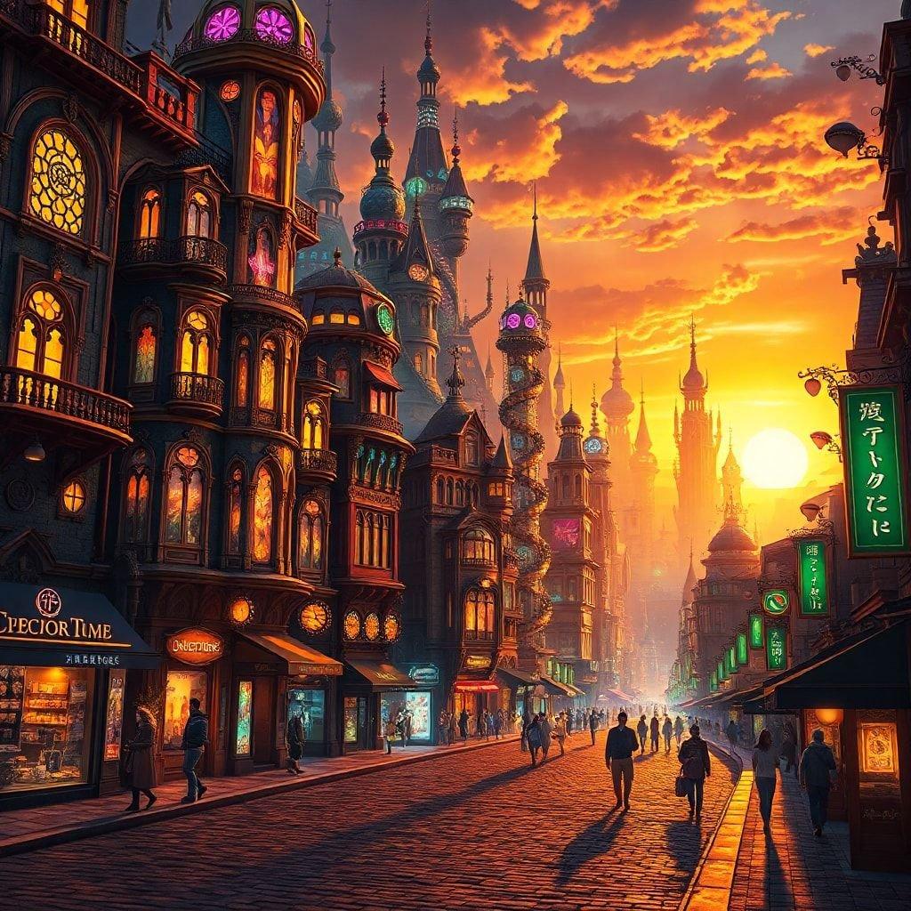 A magical city street bustling with life as the sun sets, creating a warm glow over the cobblestone path and the buildings of this fantasy world.