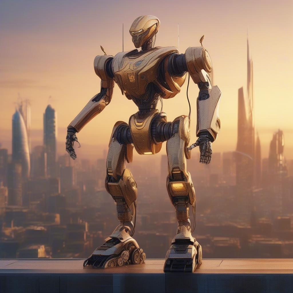 The cutting edge in artificial intelligence, this sophisticated robotic companion is a marvel of modern technology. Standing tall against the backdrop of a futuristic cityscape, its gleaming golden exterior reflects the sunlight as it gazes out into the horizon. Its advanced design suggests a harmonious blend of form and function, a symbol of humanity's progress in the realm of robotics.