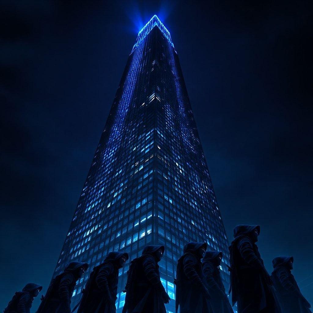 A group of ninjas sneaks into a tall skyscraper at night, using their stealth and agility to evade detection.