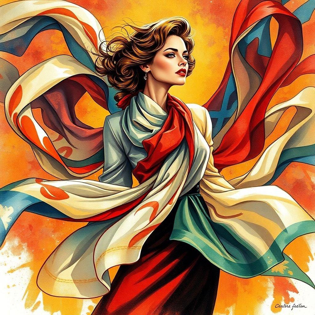 An elegant woman embodies the spirit of style and freedom, with her colorful scarf billowing in the wind.