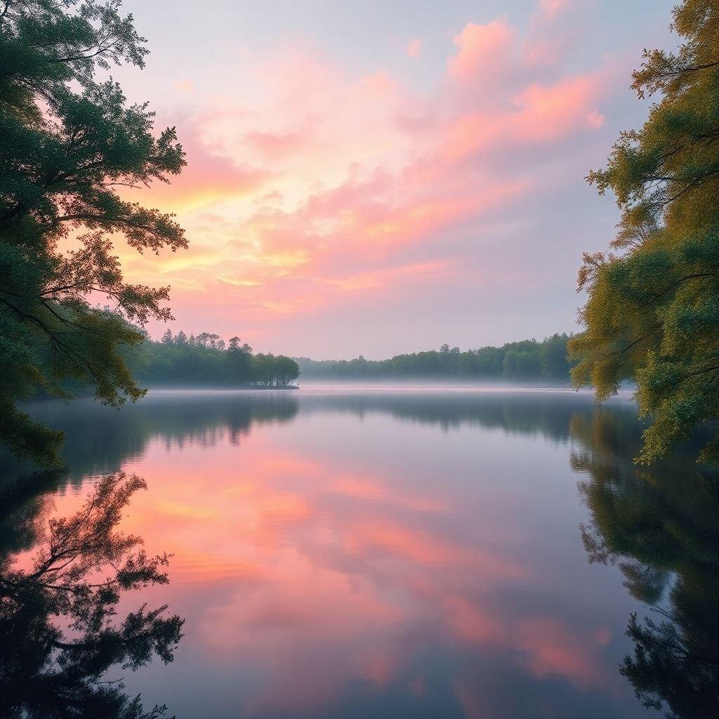 This serene image captures the tranquil beauty of a misty lake during dawn. The pink and purple hues of the sky cast a soft glow on the water, creating a mirror-like reflection that enhances the peaceful ambiance. The surrounding forest adds to the natural charm and offers a sense of solitude. It's a perfect wallpaper for those seeking calmness and inspiration.