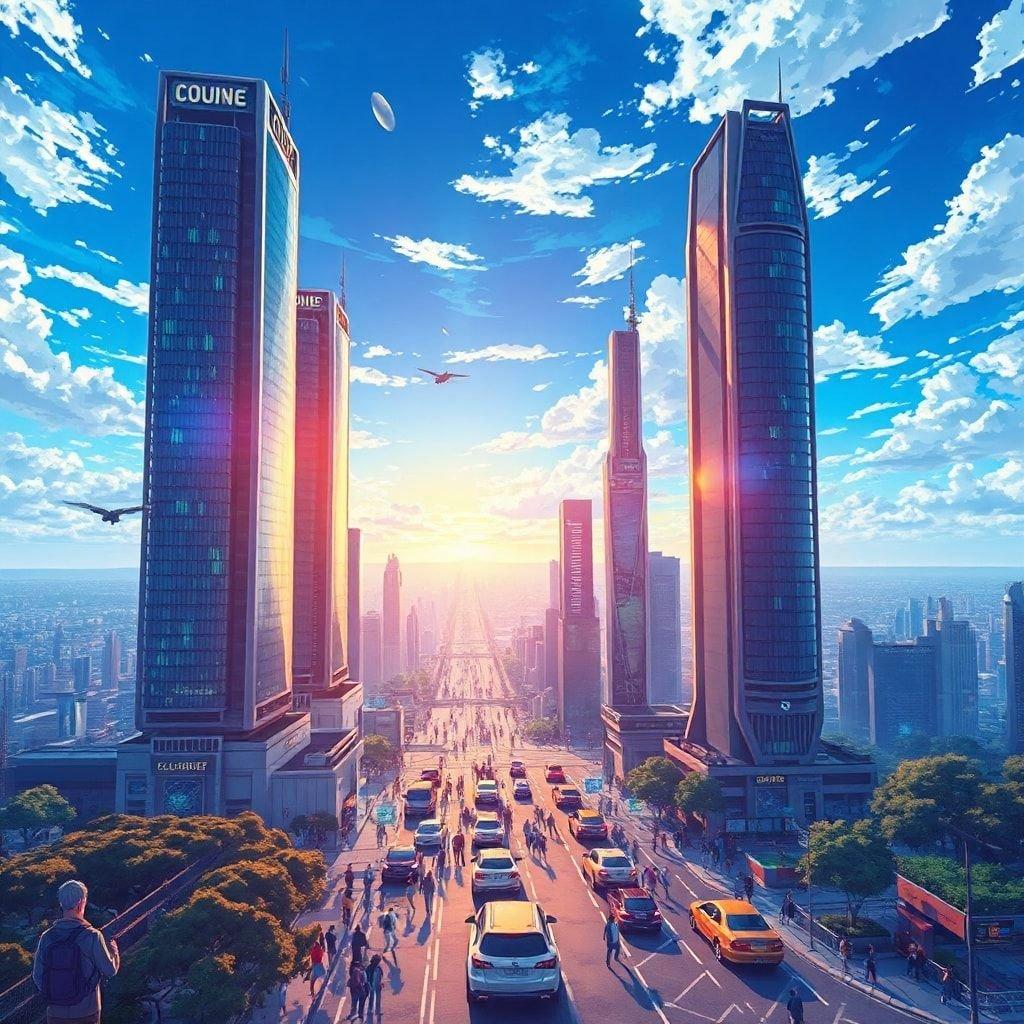 Immerse yourself in the vibrant world of anime with this stunning cityscape wallpaper, featuring towering skyscrapers, flying cars, and a kaleidoscope of colors.