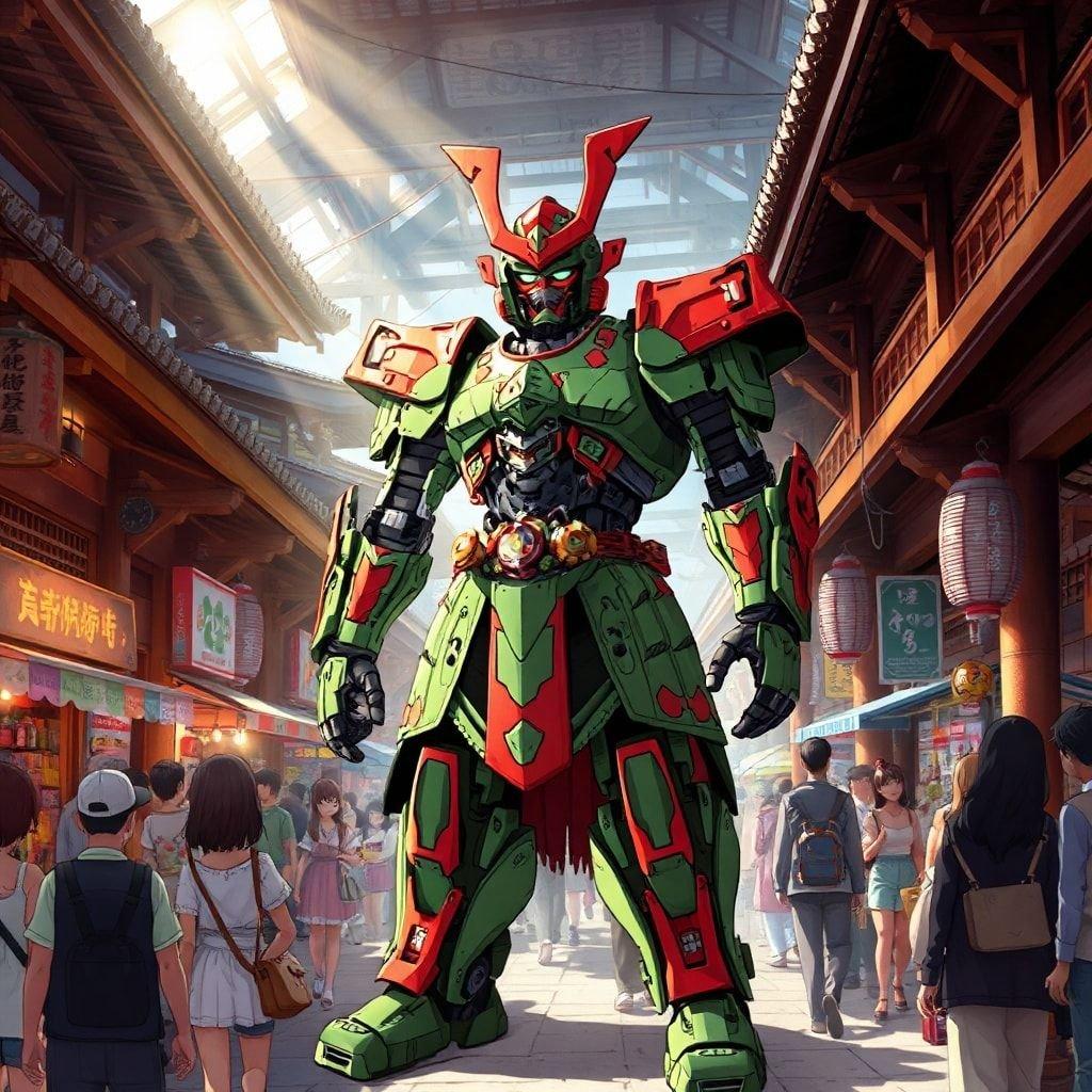 Immerse yourself in the vibrant world of anime with this stunning illustration of a robot samurai standing in a bustling market. The intricate details of its green and red armor blend seamlessly with the ancient Japanese architecture, creating a captivating steampunk-inspired scene that exudes anticipation and excitement.