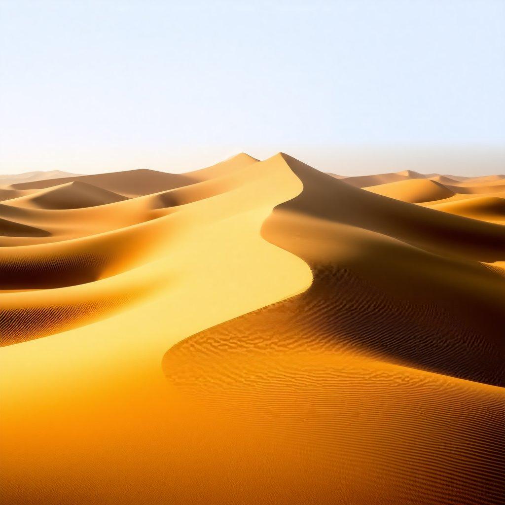 This image is a stunning representation of the vast and arid desert landscape. The sandy dunes stretch as far as the eye can see, with the sun beating down relentlessly. The sky is a brilliant blue, with only a few wispy clouds scattered across it. In the distance, you can see the silhouette of a mountain range, adding depth and texture to the scene.