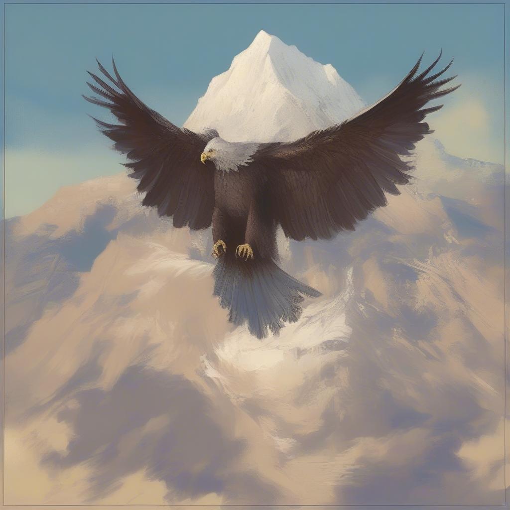 A majestic eagle in flight, soaring above the peaks of towering mountains with a clear sky as its backdrop. This image captures the spirit of freedom and the grandeur of nature.