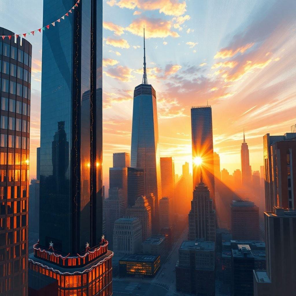 A vibrant city skyline with the Empire State Building prominently featured during a stunning sunset.