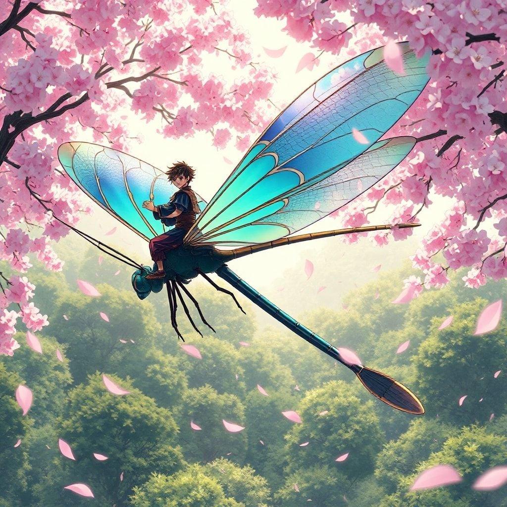 Experience the magic of anime with this stunning wallpaper featuring a young samurai riding a giant dragonfly amidst cherry blossom trees and a lush forest.