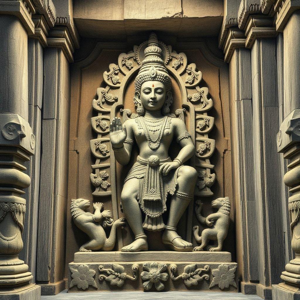 Experience a piece of ancient cultural heritage with this captivating sculpture of an Indian deity. Admire the intricate details that bring the serene deity to life in this digital wallpaper for desktop and mobile use.