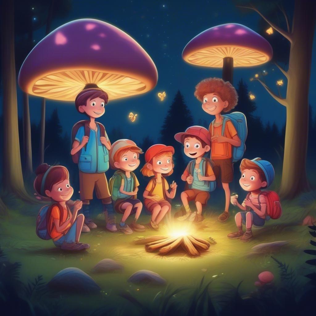 Five friends embark on a magical camping adventure, surrounded by forest creatures and enchanted mushrooms.