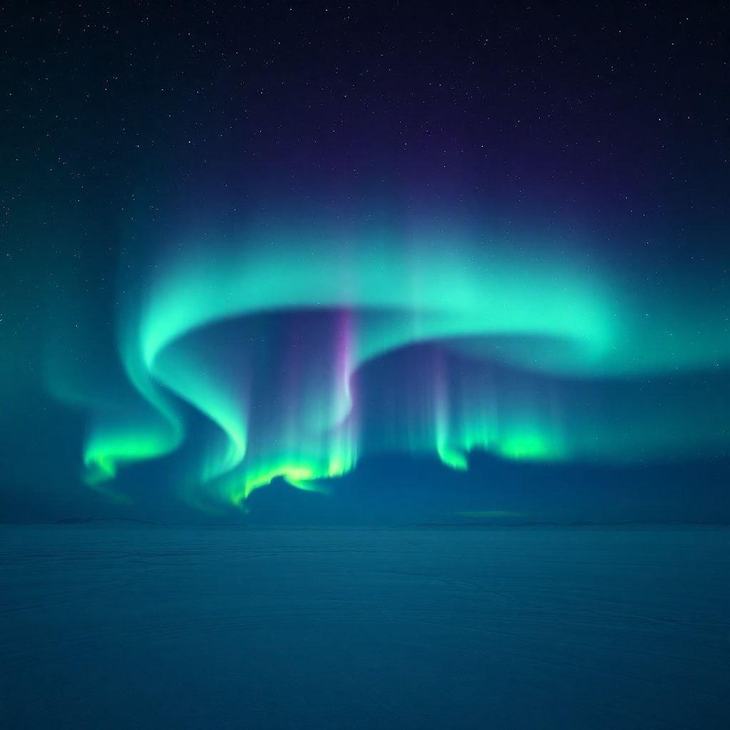 Gaze into the night sky where nature's canvas unfolds in hues of neon green and deep purple. The Aurora Borealis, or Northern Lights, paint an otherworldly spectacle that touches the heavens and reflects on the snow-capped mountains.