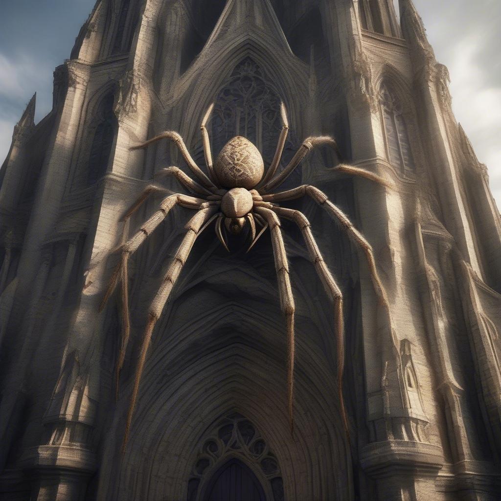 An eerie scene at dusk, featuring an intricate cathedral church set against a cloudy sky. In the center, a large spider hangs from the cross, its body adorned with a jewel-like pattern. The atmosphere is mysterious and supernatural, fitting for Halloween celebrations.