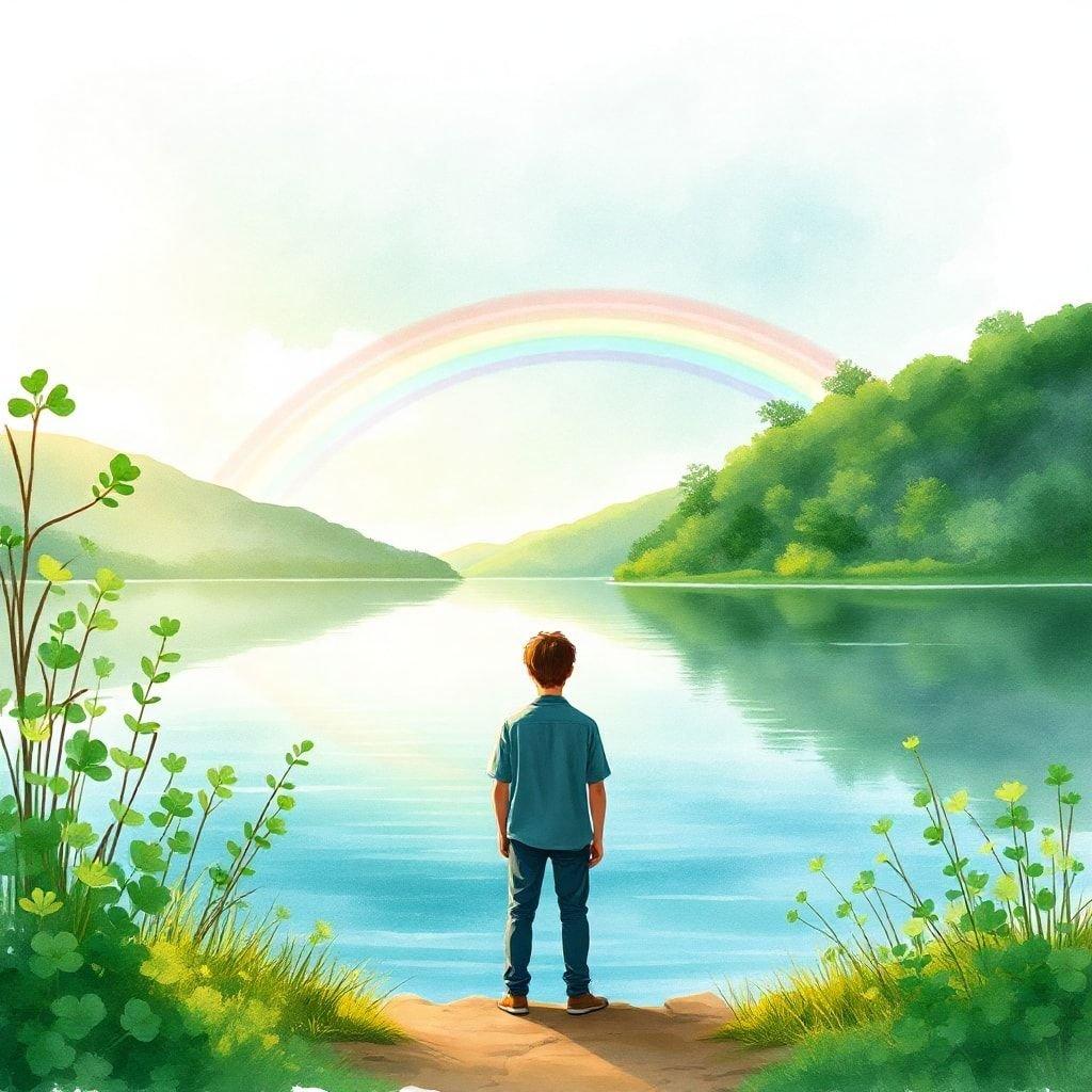 A serene scene of a boy standing on the shore of a lake, gazing up at a vibrant rainbow stretching across the sky. The calm water reflects the colors of the rainbow, creating a sense of wonder and magic.